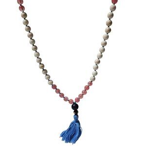 Handmade Boho Beaded Necklace Pink White Beads Blue Tassel Accent Jewelry Women